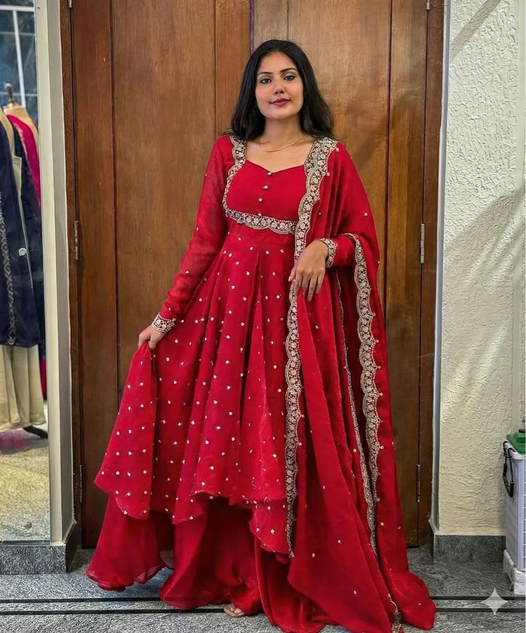 Red Embroidered Anarkali Suit