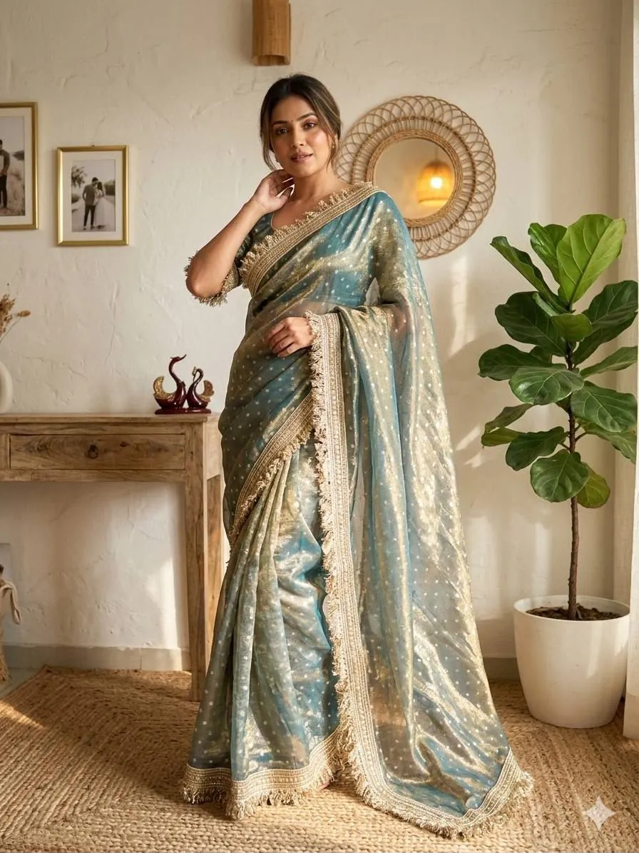 Sea Mist Tissue Fringe Saree